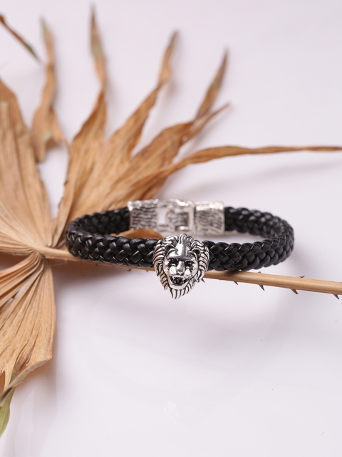 

Dare by Voylla Men Silver-Plated Black Leather Oxidised Wraparound Bracelet
