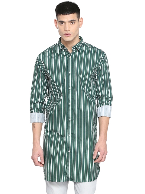 

People Men Green & White Striped Straight Kurta