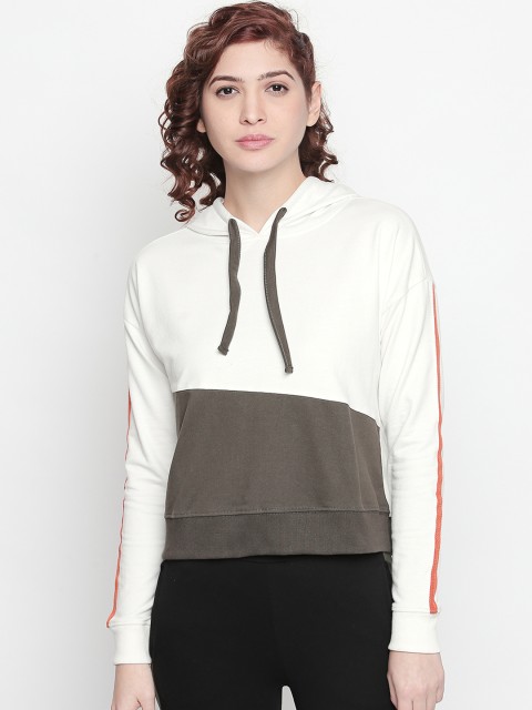 

ANWAIND Women Off-White & Grey Colourblocked Hooded Sweatshirt