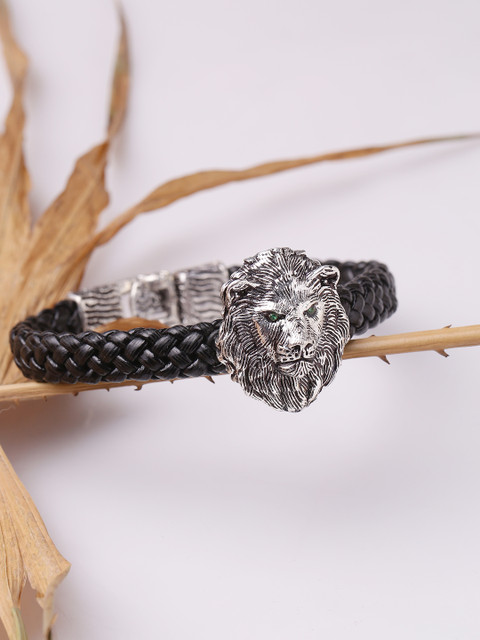 

Dare by Voylla Men Silver-Plated Black Leather Oxidised Wraparound Bracelet