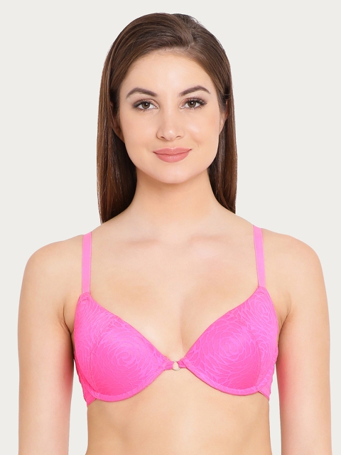 

Clovia Lace Padded Underwired Push-Up Plunge Bra, Pink