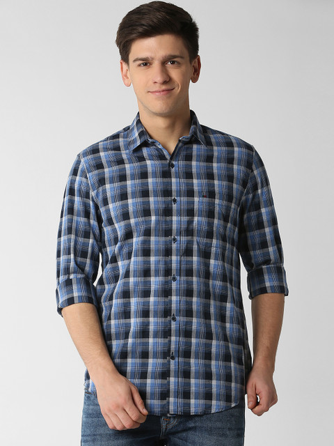 

Peter England Casuals Men Grey & Blue Slim Fit Checked Casual Shirt