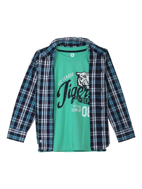 

612 league Boys Navy Blue & Green Regular Fit Printed Casual Shirt with T-Shirt