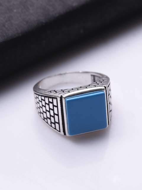 

Dare by Voylla Men Silver-Toned & Blue Stone-Studded Finger Ring