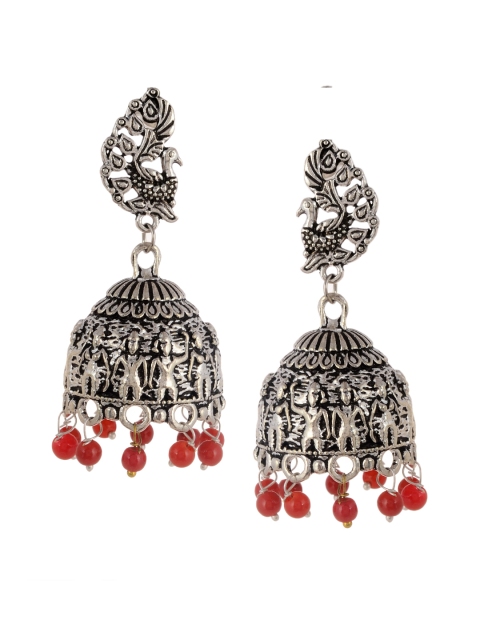 

Silvermerc Designs Silver-Plated & Red Dome Shaped Oxidised Jhumkas