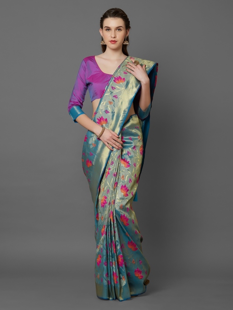 

Mitera Blue & Pink Silk Blend Solid Kanjeevaram Saree