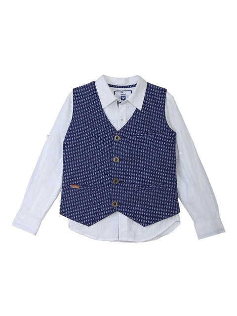 

612 league Boys Blue Regular Fit Printed Casual Shirt with Waistcoat