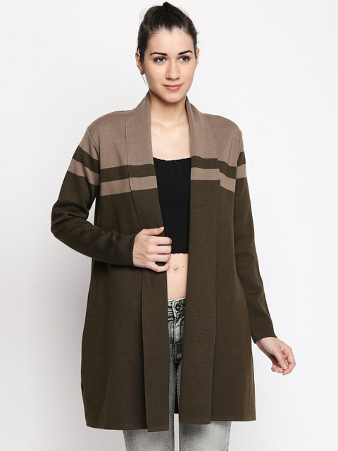 

RANGMANCH BY PANTALOONS Women Olive Green & Brown Self-Design Coat