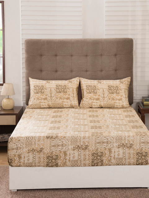 

MASPAR Beige Floral Flat 300 TC Egyptian Cotton 1 King Bedsheet with 2 Pillow Covers