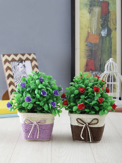 

FOLIYAJ Set of 2 Green, Purple & Red Artificial Plants With Pot