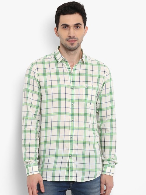 

Mufti Men Off-White & Green Slim Fit Checked Casual Shirt