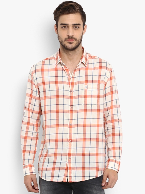 Mufti Men Off-White & Orange Slim Fit Checked Casual Shirt