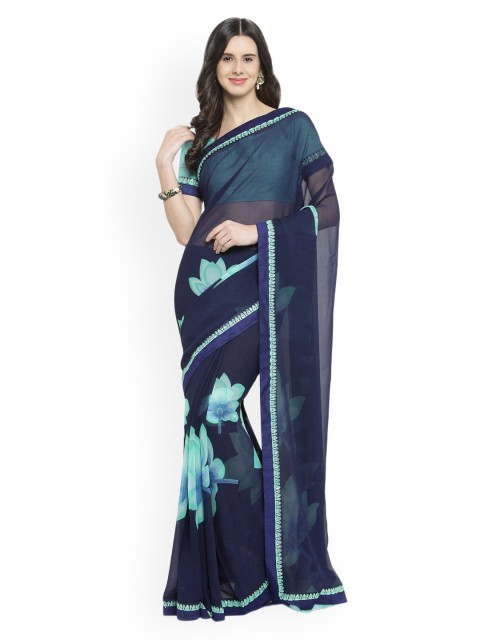 

Shaily Women Navy Blue Printed Pure Georgette Saree with Blouse Piece