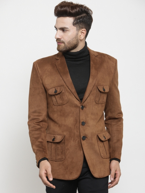 

LUXURAZI Men Brown Solid Single Breasted Suede Blazer