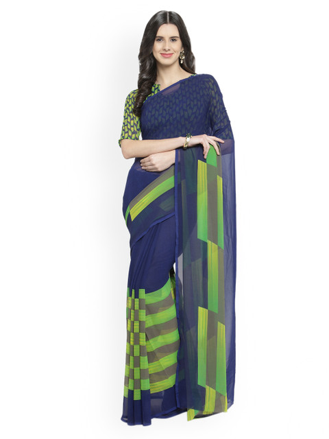 

Shaily Navy Blue & Green Pure Georgette Printed Saree