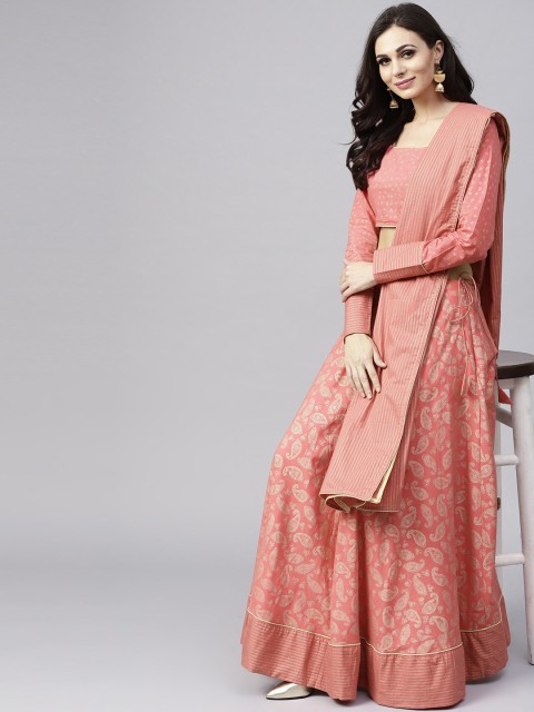 

AKS Women Peach-Coloured & Gold-Toned Printed Ready to Wear Lehenga & Blouse with Dupatta
