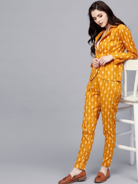 

AKS Women Yellow & White Printed Coat with Palazzos