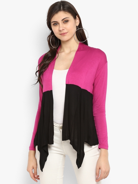 

PURYS Pink & Black Colourblocked Open Front Shrug