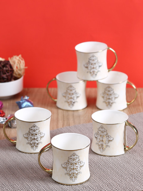 

CLAY CRAFT White & Gold Printed Set Of 6 Coffee Mugs