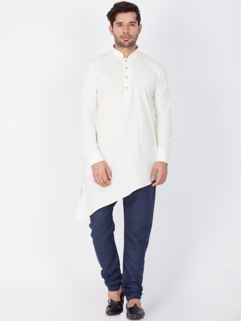 

VASTRAMAY Men White Solid Linen Asymmetric Hem Straight Kurta