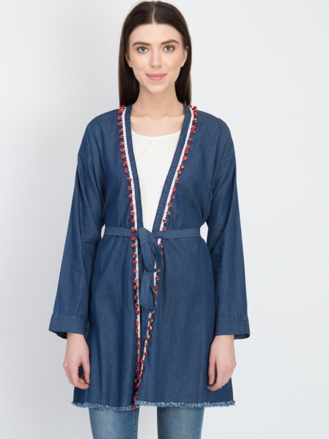 

LA LOFT Blue Solid Denim Open Front Shrug
