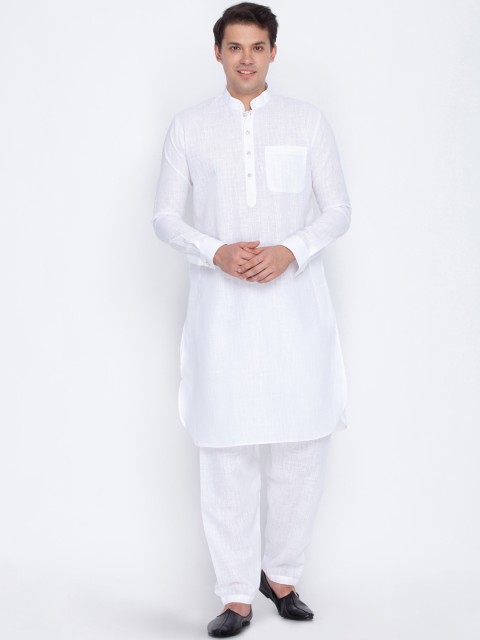 

VASTRAMAY Men White Solid Linen Straight Kurta