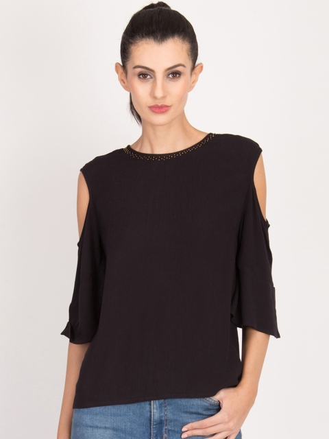 

Magzayra Women Black Solid Cold-Shoulder Sleeves Top