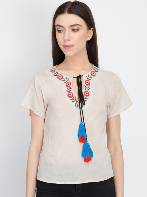

LA LOFT Women Beige Embroidered Pure Cotton Top