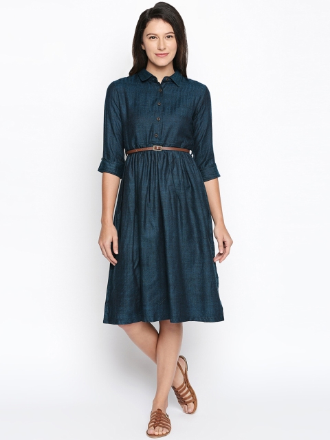 

AKKRITI BY PANTALOONS Women Teal Blue Self Design Shirt Dress