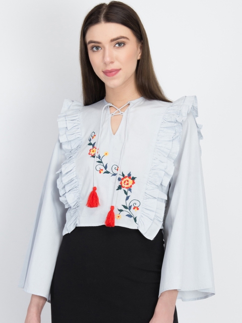 

LA LOFT Women Blue Embroidered Pure Cotton Top