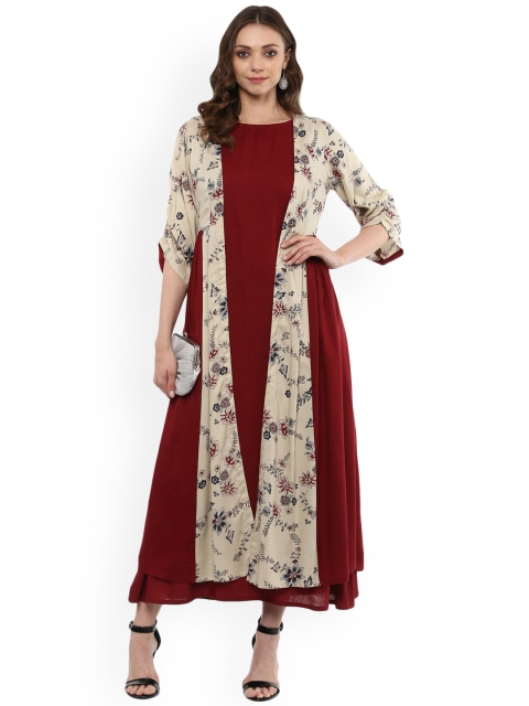 

Idalia Maroon & Cream-Coloured Printed Open Front Shrug