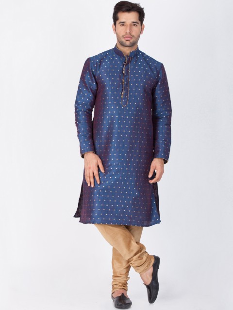 

VASTRAMAY Men Golden-Colored & Blue Self Design Kurta with Pyjamas, Gold