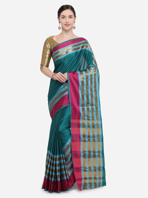 

Satrani Yurquoise Blue & Magenta Printed Maheshwari Saree, Turquoise blue