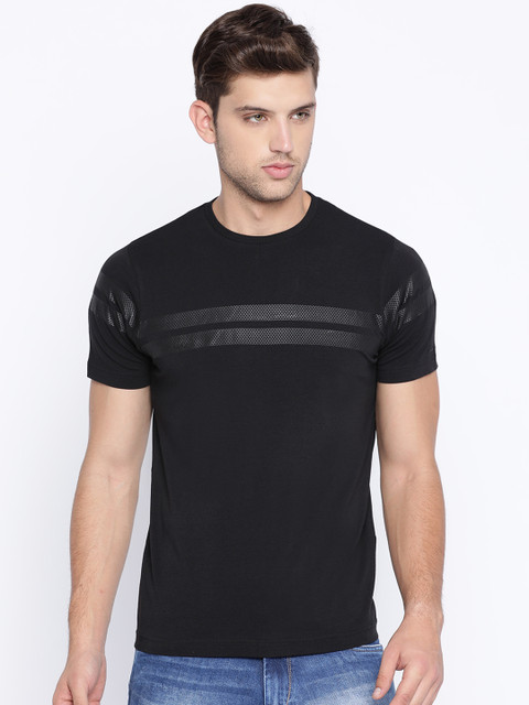 

Basics Men Black Striped Slim Fit Round Neck T-shirt