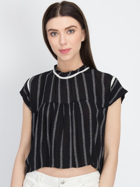 

LA LOFT Women Black Striped High-Low Pure Cotton Top