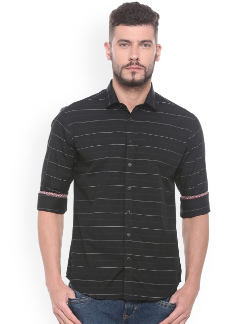 

V Dot Men Black Slim Fit Striped Casual Shirt