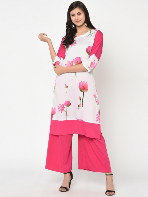 

ZIYAA Women White & Pink Printed Straight Kurta