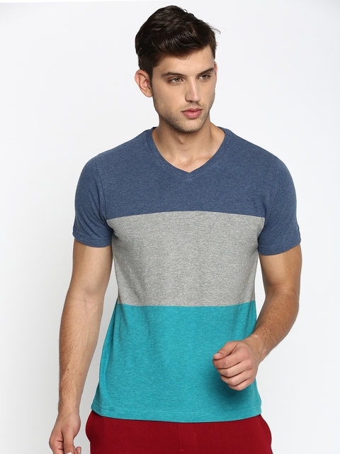 

Basics Men Blue Colourblocked V-Neck Pure Cotton T-shirt