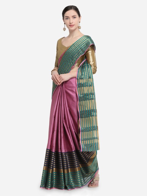 

Satrani Green & Pink Striped Maheshwari Saree