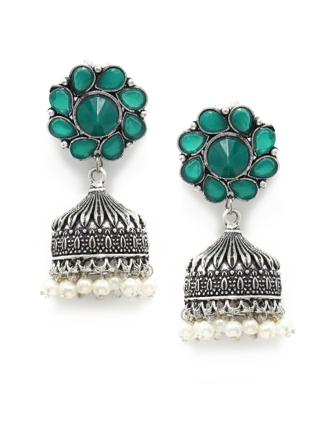 

Fabstreet Green & Silver-Toned Dome Shaped Jhumkas