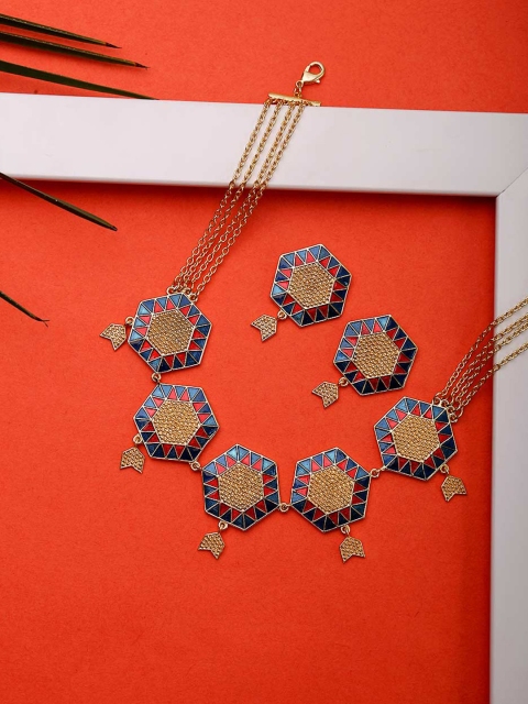 

Studio Voylla Women Gold-Plated & Blue Jewellery Set Enamelled