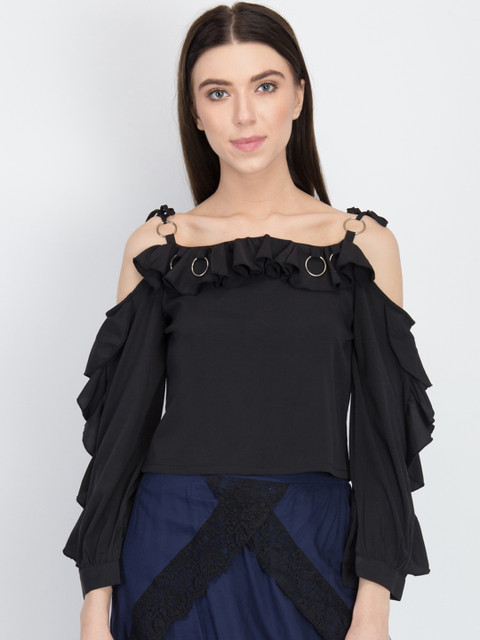 

LA LOFT Women Black Solid A-Line Top