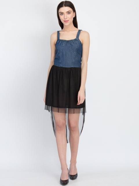 

LA LOFT Women Blue Self Design Denim Fit and Flare Dress