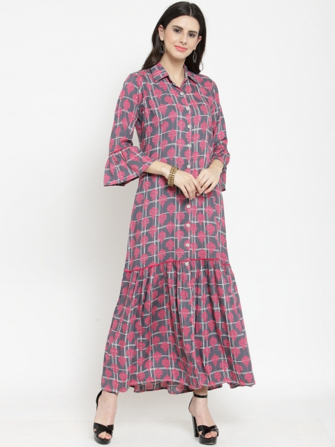 

Indibelle Women Grey & Pink Printed Maxi Dress