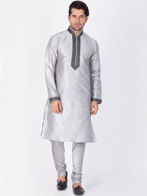 

VASTRAMAY Men Grey Solid Linen Straight Kurta