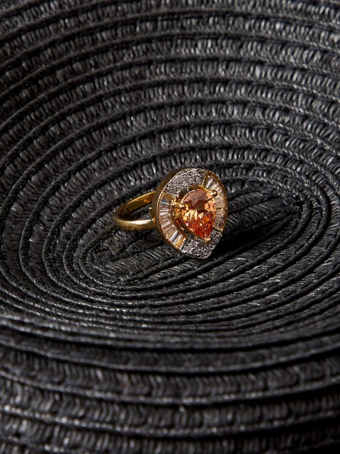 

PANASH Women Gold-Plated, Orange & White CZ Stone-Studded Finger Ring