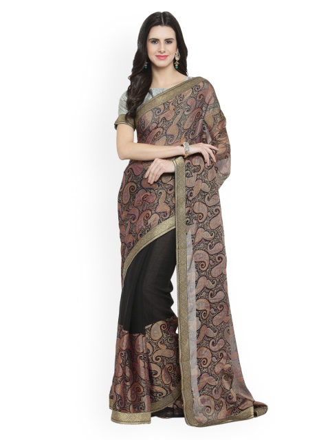 

Shaily Black & Khaki Pure Chiffon Printed Saree