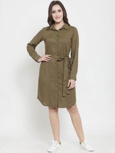 

Color Cocktail Women Olive Green Solid Shirt Dress