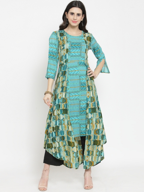 

Indibelle Women Teal & Beige Printed Kurti with Trousers