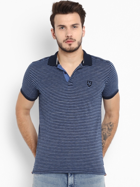 

Mufti Men Blue Striped Polo Collar T-shirt
